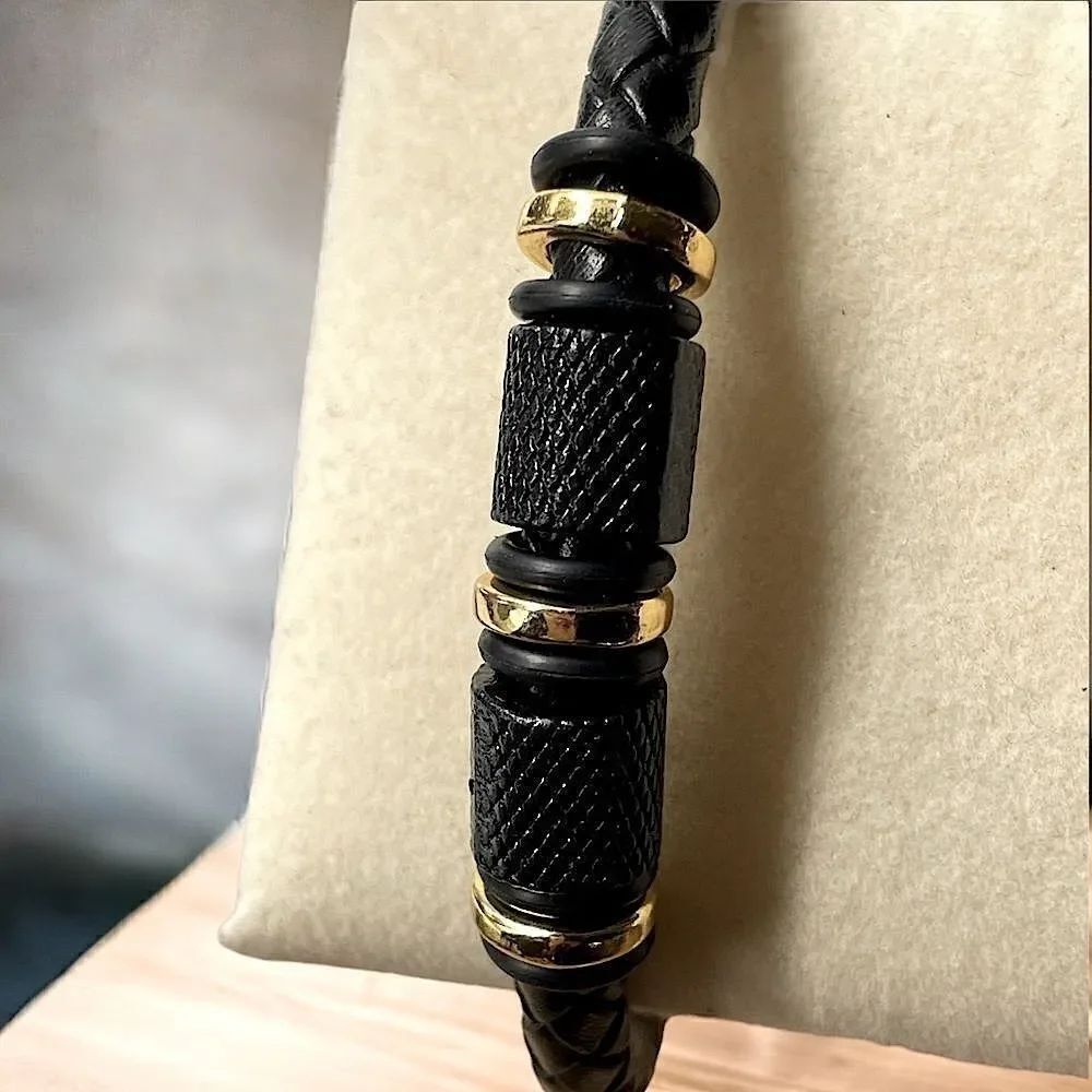 Men’s Leather Bracelet  l Braided Beaded w/ Gold Accent l Magnetic Closure l New